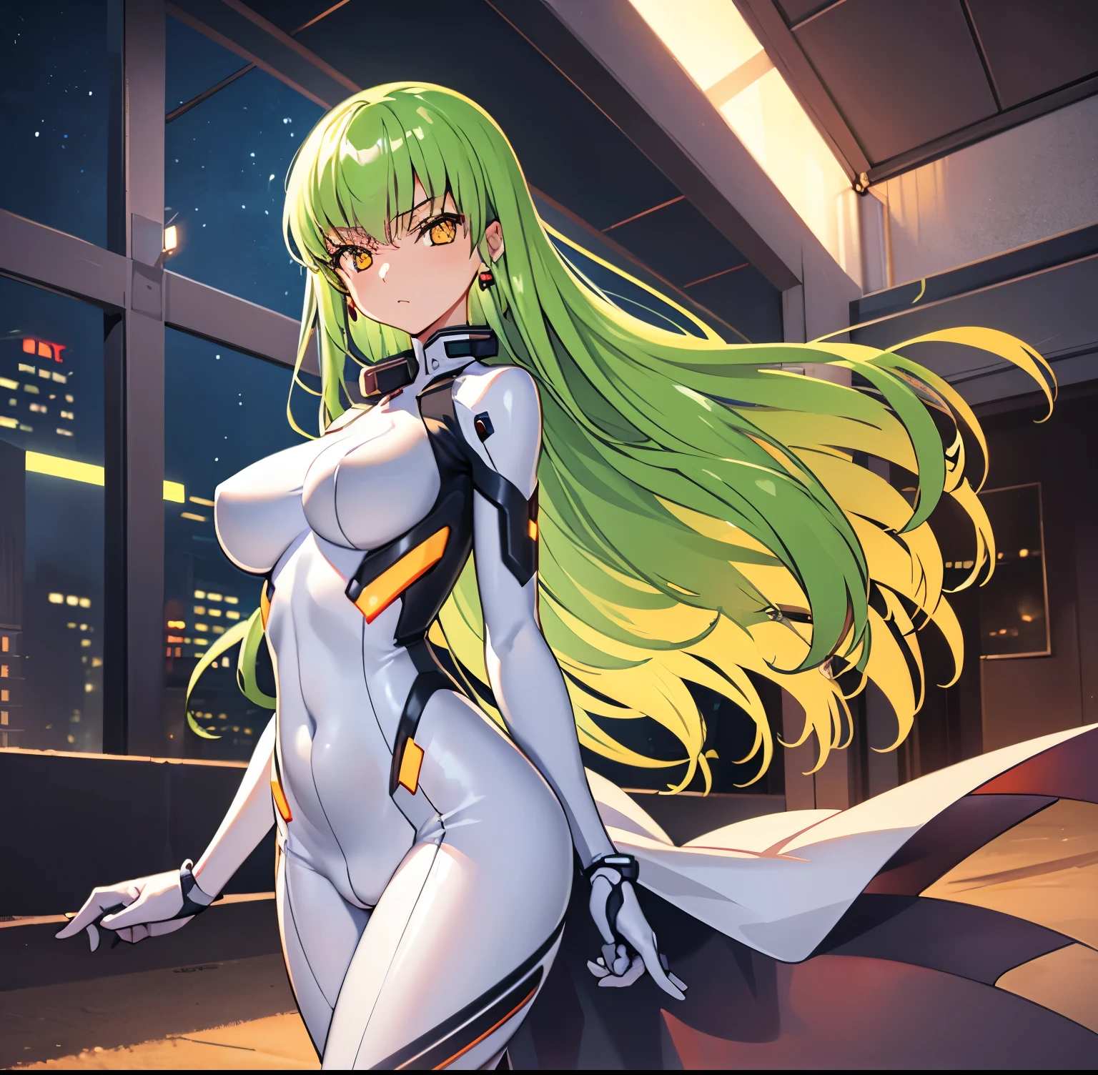 1 girl, alone, c.c., expressionless, frowning, (masterpiece, best quality, ultra detailed, best shadow, volumetric lighting), (beautiful detailed face, beautiful detailed eyes), (best lighting), orange eyes, long hair, green hair , ( white cyber suit:1.1), tight suit, (simple body suit), elegant body, naked body, white gloves, earrings, cyberpunk oppai, biomechanical oppai, ,hand,holding hip,(cowboy photo: 1.3), medium breasts, medium waist, wide hips, wide thighs, round butt, sci-fi background, futuristic landscape, smooth surface ,clear lighting,standing,looking at the viewer, looking back, from behind, I focused on the ass, point of view (from below), mksks style, sexy body, beautiful background, professional lighting, landscape with warm colors, perfect anatomy , perfect hands
