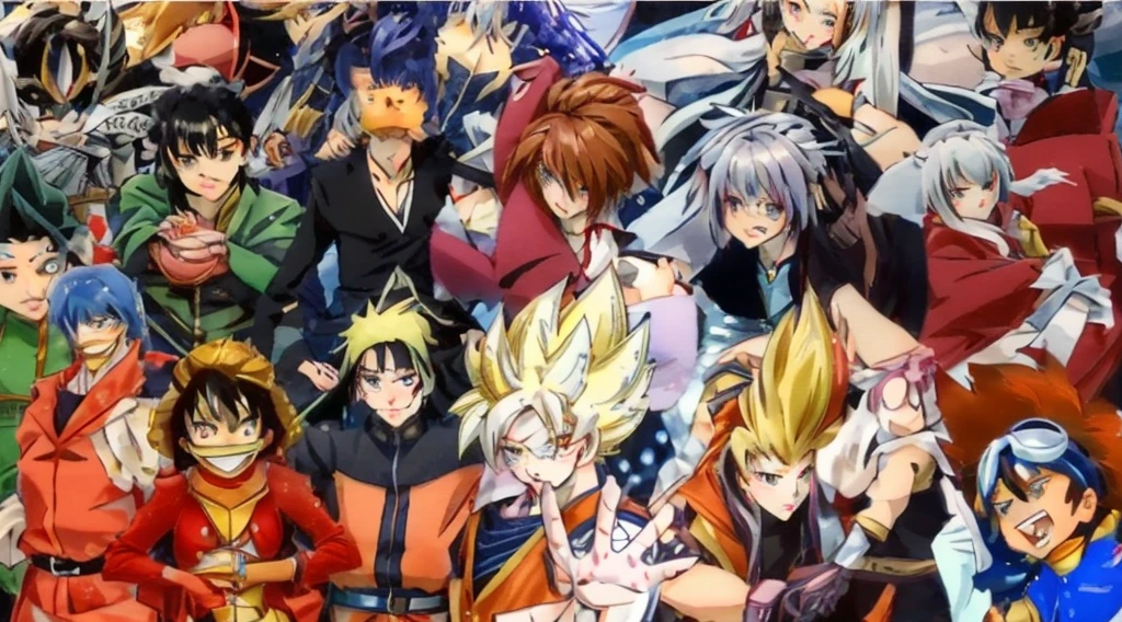 Un grupo de personajes de anime posando juntos para una foto., Anime Shonen, serie de anime, Ilustraciones de tendencias de anime, epic anime style, epic anime, Arte anime de moda, Arte anime de modawork, dibujos animados animados, anime de alta calidad, top 25 fantasy serie de anime, obra maestra del anime, pelea de anime, Estilo anime premiado, Anime de 9 0, Anime de los 90