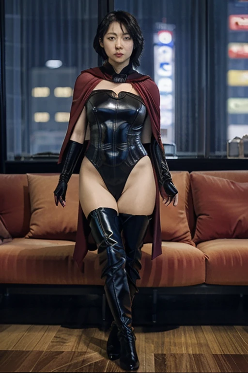 Super Sexy Hero、Japanese、Muscular、Big Breasts、Wavy short hair、Good body、Latex bodysuits、blue、red、Fighting Pose、high resolution、high quality、Masterpiece、Plastic-like luster、Cape、boots、Gloves、Night City、High leg and tights