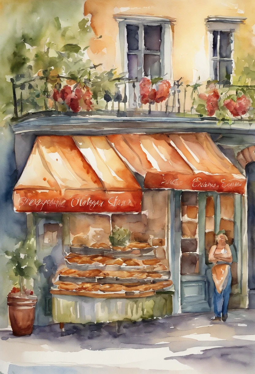 A beautiful watercolor painting of a pastry shop with a huge line of customers waiting for it to open.