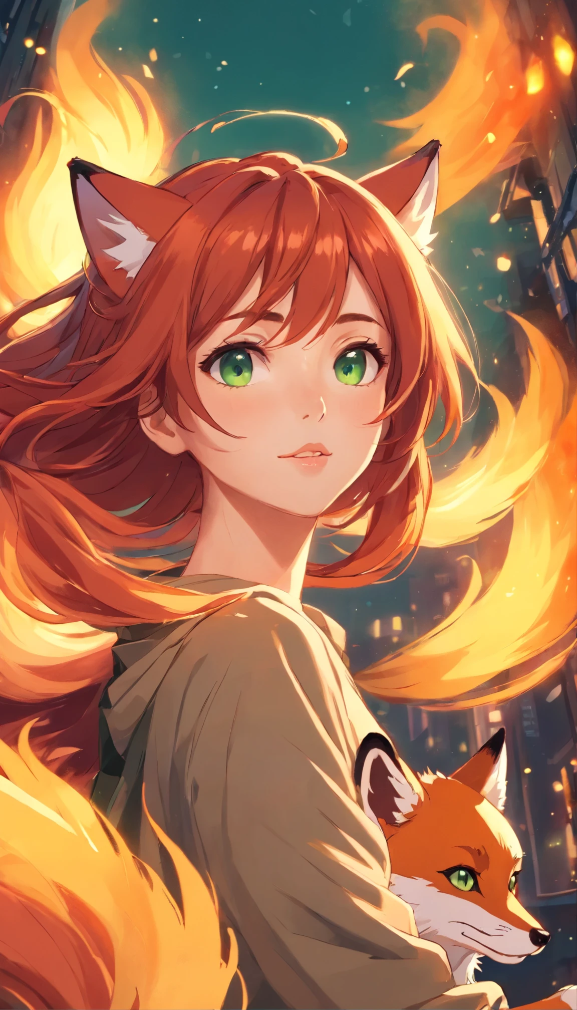 a close up of a woman with red hair and a fox, a beautiful fox lady, foxgirl, orange skin and long fiery hair, green eyes, magali villeneuve', graphic artist magali villeneuve, ginger hair and fur, inspired by Magali Villeneuve, in style of anne stokes, red haired goddess, fantasy fox love, fire hair, by Galen Dara