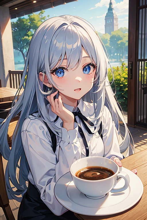 masterpiece, highest quality, High resolution,Anime Style、Silver Hair、Long Hair、blue eyes、Cafe