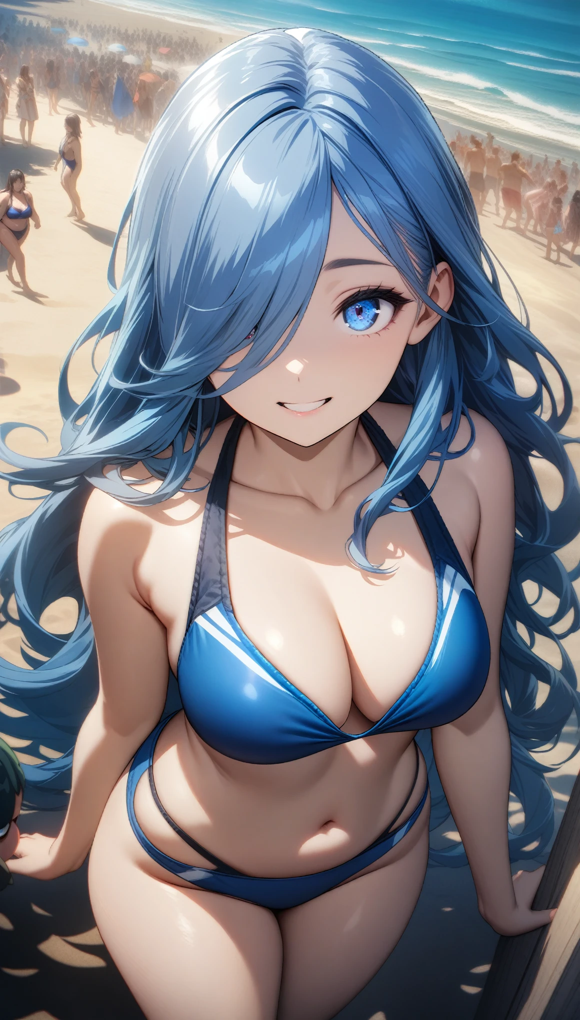 32k, best quality, ultra high res, HDR, UHD, extremely detailed CG, unity 32k wallpaper, highest quality, Intricate details, chromatic aberration, Chubby body type, One girl, Skimpy swimsuit, Blue swimsuit, Long Hair, Blue Hair, Smooth Hair, Blue Highlights, Hair on one eye, blue eyes, Sharp eyes, Laugh shyly, A beach with lots of people,