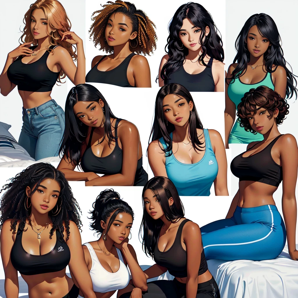 (A single black man laying on his back, in-bed wearing shorts, in-center of composition) A diverse group of five young adult Americans, representing different ethnicities and characteristics, wearing yoga-pants and tank-tops, displays their unique beauty with perfect bodies, large breasts, wide thicc-hips, Among them, there are blonde young adult girls with auburn hair, emanating an air of natural elegance. Brown young adult girls with silky locks and a captivating sheen show off their exotic beauty. Also present are black young adult girls with stunning curly hair, highlighting their authenticity and cultural pride, (the women surround a singular BLACK MAN with short-hair, from all sides) (in a bed) the women kiss the singular Black Man, touch the singular Black man, masterpiece, high details, high quality, best quality.