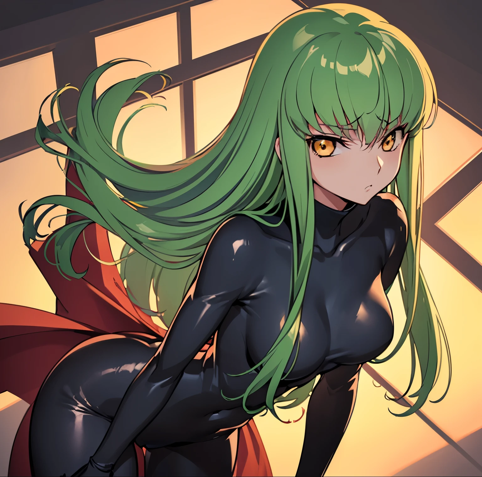 1 girl, alone, c.c., expressionless, frowning, (masterpiece, best quality, ultra detailed, best shadow, volumetric lighting), (beautiful detailed face, beautiful detailed eyes), (best lighting), orange eyes, long hair, green hair, (black bodysuit, zero suit: 1.1), neckline, black and red cape, zero \(code geass\), zero mask, (cowboy photo: 1.3), medium breasts, medium waist, wide hips, wide thighs , round butt, facing the viewer, head on, I focused on the breasts, point of view (from above), mksks style, beautiful background, professional lighting, landscape with warm colors, perfect anatomy, perfect hands
