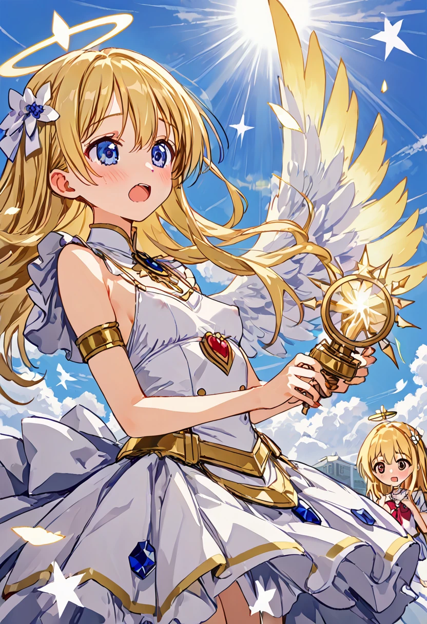 (((nsfw))), masterpiece, 8k, Girl, Small breasts, 12yo, Angel,Lightの羽, Sky, Light, god々Shii, まぶShii, Blonde, ((nipple)), Surprise