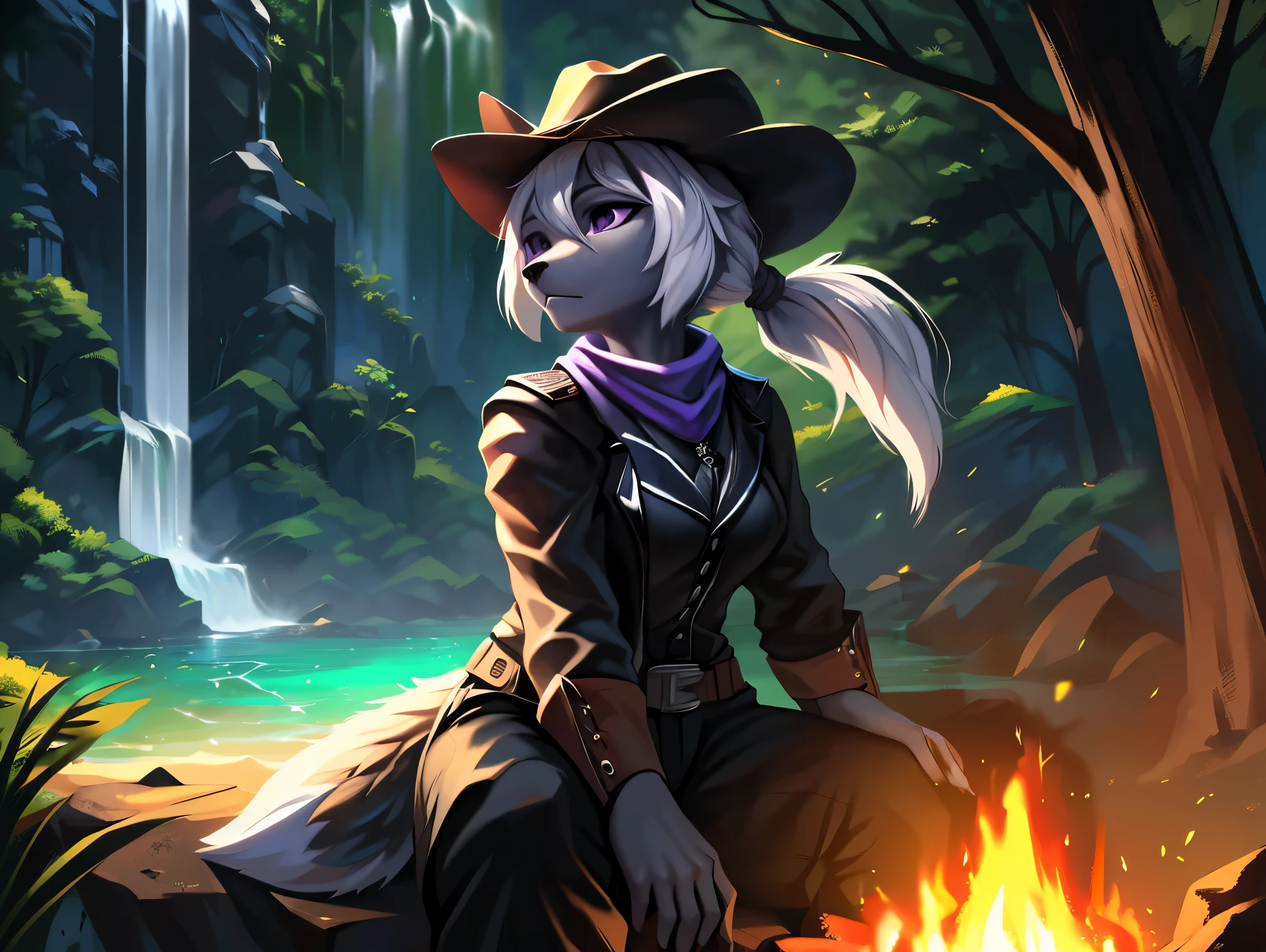 fox, female, solo, white hair, ponytail, ((grey fur)) ((grey hands)), (purple eyes), covered breasts, ((black gambler clothes)), (((large cowboy hat))), (((black cowboy hat))), black pants, purple handkerchief, forest, sitting on log, 1 campfire, ((waterfall)), (up close), Very good figure, best quality, highres, 16k, Natural soft light, Tyndall effect, Advanced film lighting, Unreal Engine5, Extremely realistic, A high resolution, perfect masterpiece, high quality, high resolution