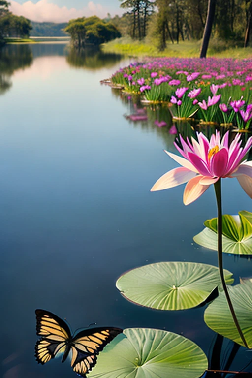 Lonely butterfly.  Water and lilies.  Gorgeous color.  High resolution. Beautiful.  Sharp focus.  32k.  Masterpiece art.