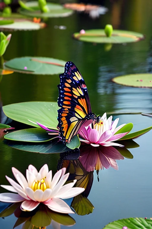 Lonely butterfly.  Water and lilies.  Gorgeous color.  High resolution. Beautiful.  Sharp focus.  32k.  Masterpiece art.