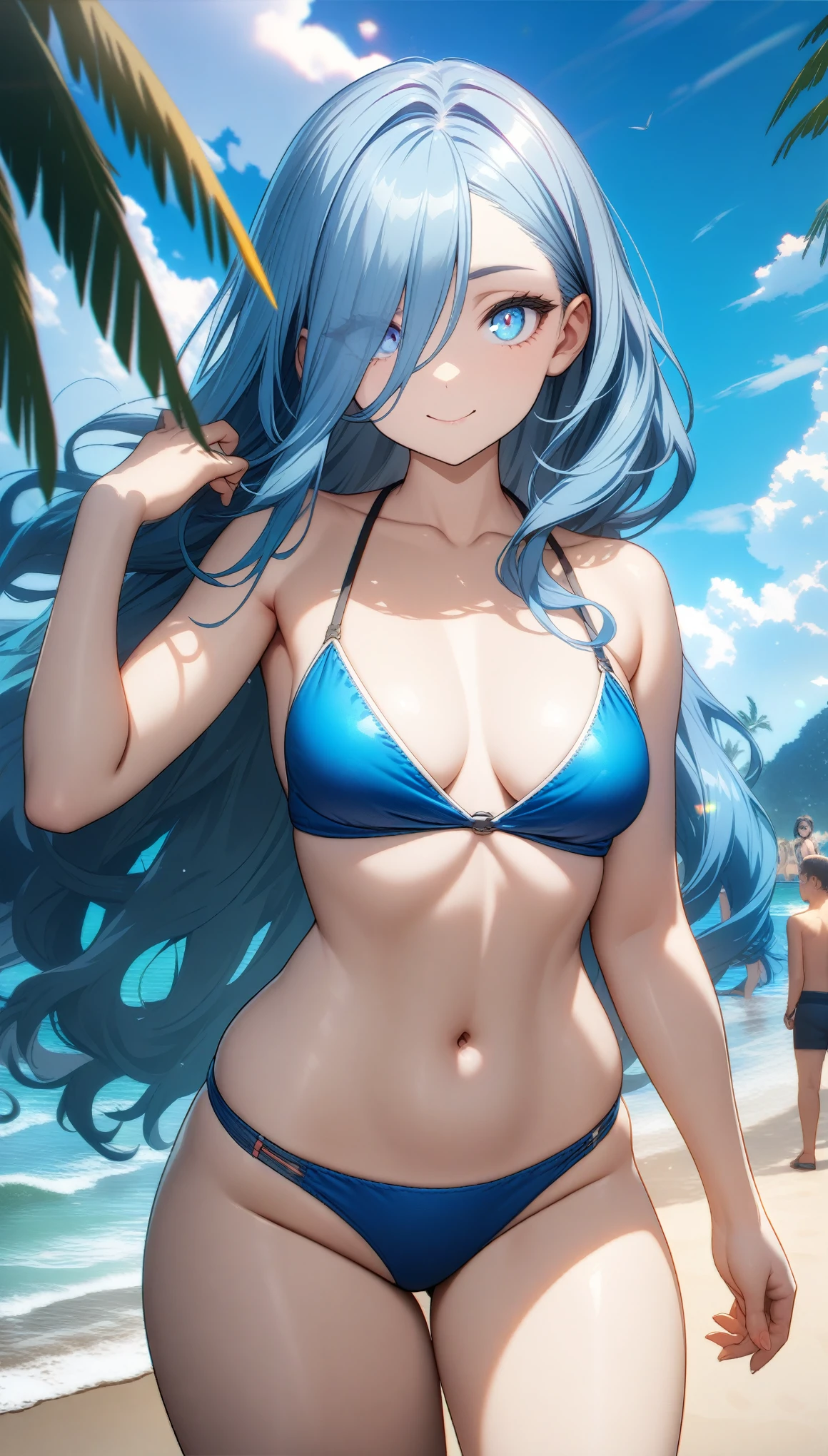 32k, best quality, ultra high res, HDR, UHD, extremely detailed CG, unity 32k wallpaper, highest quality, Intricate details, chromatic aberration, Chubby body type, One girl, Skimpy swimsuit, Blue swimsuit, Long Hair, Blue Hair, Smooth Hair, Blue Highlights, Hair on one eye, blue eyes, Sharp eyes,  Laugh shyly, A beach with lots of people,  