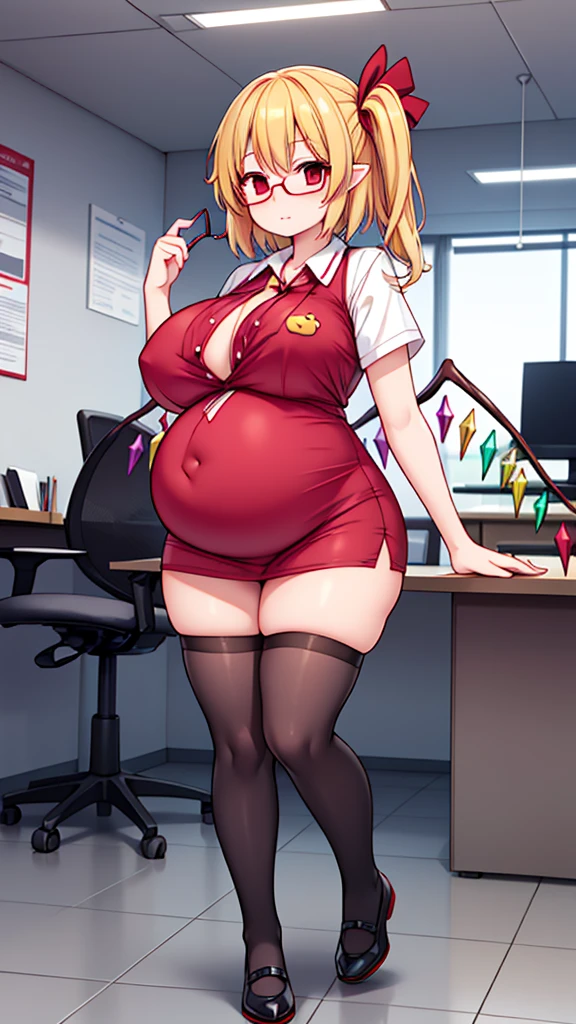 (Full body, glasses), An image of a pregnant Flandre scarlet with her belly on full display, huge breasts, office uniform