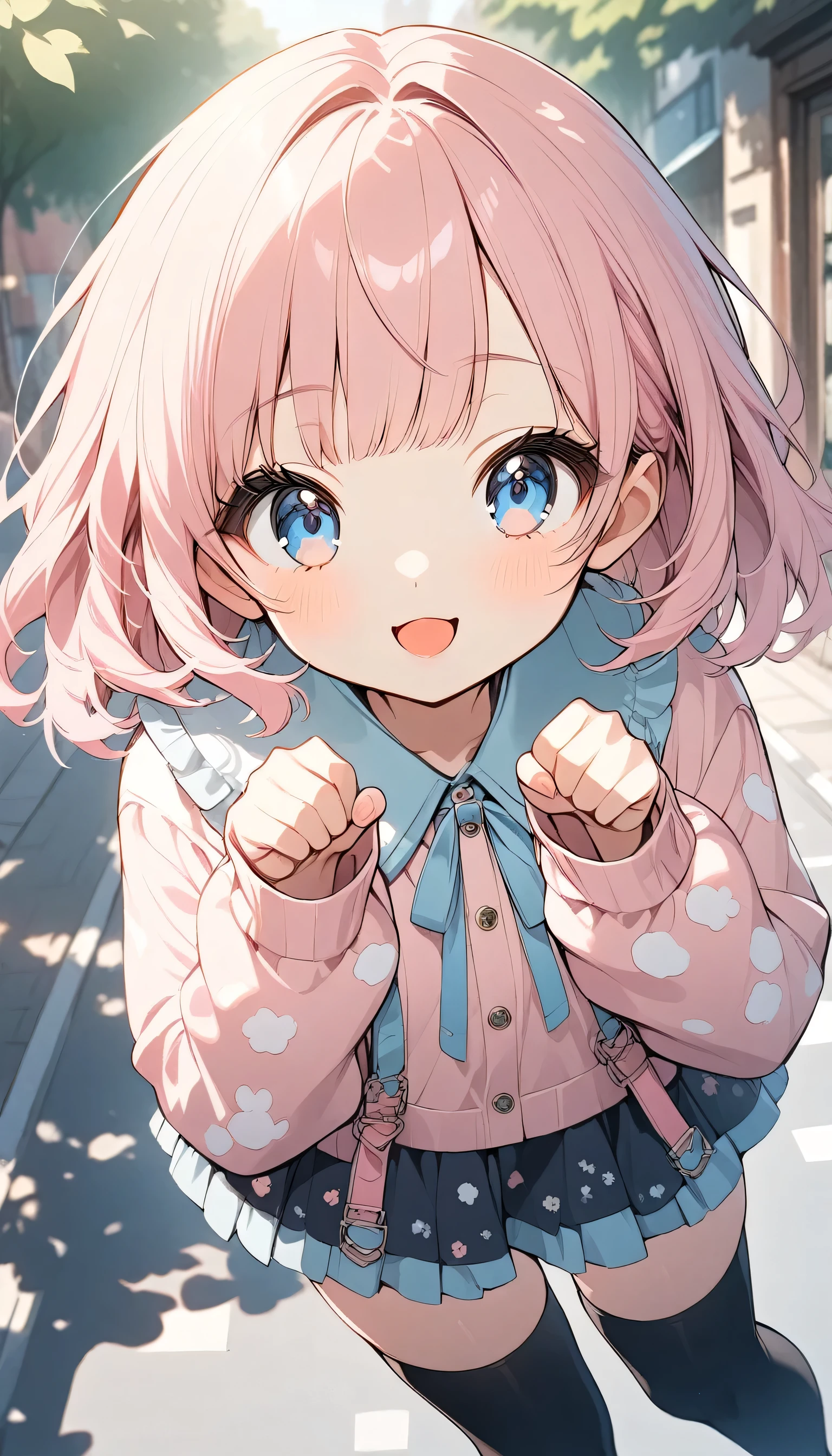 anime style, super detailed illustrations, very detailed, beautiful, 8K,

( solo), pretty baby face, ultra cute kawaii,open one's mouth, Best smile, (Ulzzang  fashion:1.4), (outdoor, town street)
,pink hair,Short straight bangs, smile,blue eyes,
, paw pose, dynamic angle
,(dappled sunlight:1.2),blurry,(Depth of the bounds written:1.1),head tilt,(thigh-high socks thighhighs:1.3),(upper body:1.3)