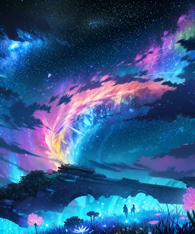 Describe a scene where a cute girl character is lying on a grassy hill, Looking up at the starry sky. Surround her with colorful nebulae and her favorite constellations.