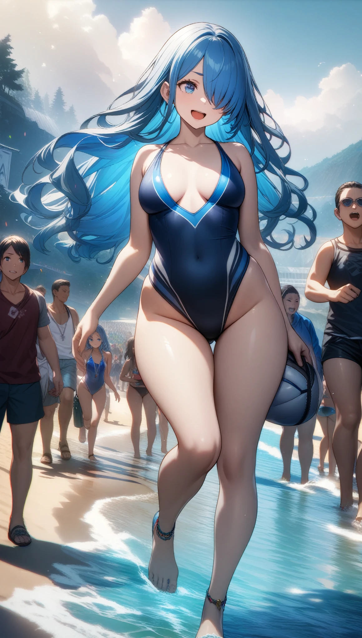 32k, best quality, ultra high res, HDR, UHD, extremely detailed CG, unity 32k wallpaper, highest quality, Intricate details, chromatic aberration, Chubby body type, One girl, Skimpy swimsuit, Blue swimsuit, Long Hair, Blue Hair, Smooth Hair, Blue Highlights, Hair on one eye, blue eyes, Confused eyes, Laughing happily, A beach with lots of people,