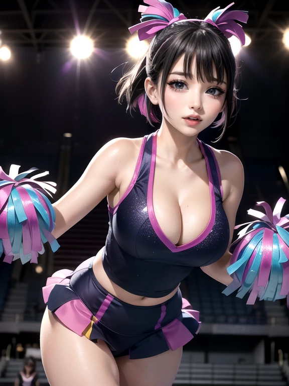 (Ultimate beauty),  非常にdetailed顔, detailedな唇, fine grain, Beautiful Eyes, Short Black Pixie Hairstyles, ((Laugh with your mouth closed)), (((Wearing brightly colored cheerleader uniforms))),(((Accentuate your cleavage))) Big Breasts,(Accentuate your breasts) (Thighs),  that&#39;that&#39;sit, perfectionなボディ, perfectionな顔, (((background: Stadium)、Cowboy Shot, (Depth of written border), perfectionな画像リアリズム, With detailed background, detailedな衣装, perfection、Hyperrealism、Realistic、Maximum resolution 8K, (masterpiece), 非常にdetailed, Professional　22 year old Japanese woman,(非常にdetailedな肌)(Beautiful female body)(美しいBig Breasts)(Big Breasts)(Pale skin)(Pointed Chest),(Erect nipples)(Best image quality)(Hyperrealismの肖像画),(8k),(Ultra-realistic,最high quality, high quality, High resolution)(high quality texture)(Attention to detail)(Beautiful details)(detailed,Extremely detailed CG,detailed Texture)(Realistic facial expressions,masterpiece,in front,dynamic,bold),(((short pixie cut))),(Very thin hair)(Super Straight Hair:1.5)( sleek bangs,Very light coppery amber hair,Hair in one eye)　(((Accentuate your buttocks)))　(((Her cleavage is visible)))　　(((Composition from behind)))　(((She is spreading her legs boldly)))　(((The lines of the body are clearly visible)))、(((Depiction of beautiful fingers)))　(((Beautiful body depiction)))　(((Accentuate your butt)))(((Thighsが見えるよ)))(((Full body photo)))、(((Low angle photo)))、(((Correct ankle orientation)))(((Correct number of legs)))　(((正確な後ろからのFull body photo)))(((Exact number of hands)))