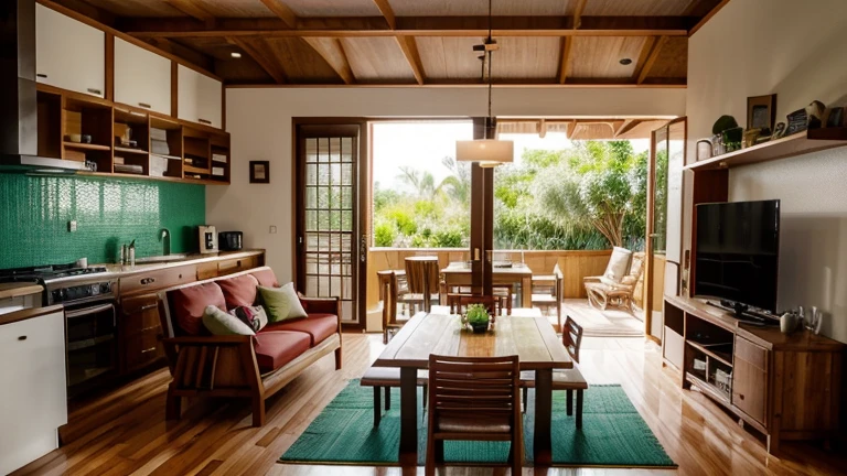 Integrated living and dining rooms and kitchen with 2.40 ceiling height.
The floor is covered in vinyl imitating cedar wood.
The kitchen is 16 square meters and it’s linear with the support of an island with cooktop and brushed stainless steel ceiling mounted hood. It serves as a bench for high Japanese-style wooden stools.
The countertop is made of white Itaúnas granite.
The carpentry goes to the ceiling with cabinets in red cedarwood and doors with wicker finish.
The backsplash is covered with textured satin tiles and it’s located in the washing area, which has a farmhouse style sink in brushed stainless steel.
The fridge is an inverse model in stainless steel.
The oven and microwave are made of stainless steel and are built into the bottom of the island.
On the side wall there are shelves for spice racks and hanging kokedamas.
The environment receives natural lighting, in addition to artificial lighting, which is neutral and diffuse.

The living room is 24 square meters and has a living and dining area.
The layout is fluid, allowing good circulation.
The sofa is a 3-seater tatami style sofa with ivory twill fabric upholstery. The cushions and blanket are in linen and raw cotton fabric in burgundy red, emerald green and turquoise.
In addition to the sofa, there are 3 more rectilinear wooden seats with wicker details.
In the center of the living area there’s a low rectangular center table in sucupira wood on a bamboo tatami carpet.
The tv stand is a design piece of furniture in sucupira wood with geometric details in red, blue and green in dark tones, where residential control devices are displayed.
Leaning against the wall are wooden paintings with Japanese art and a shoji floor lamp. There is also an open shelf for displaying manga magazines.
The dining area has a 6-seater rectangular wooden table with hollow wood legs and chairs with geometric backrests. On the table, there's a rectangular pendant lamp made of wood and shoji paper.
There are exposed wooden beams