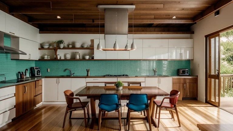 Integrated living and dining rooms and kitchen with 2.40 ceiling height.
The floor is covered in vinyl imitating cedar wood.
The kitchen is 16 square meters and it’s linear with the support of an island with cooktop and brushed stainless steel ceiling mounted hood. It serves as a bench for high Japanese-style wooden stools.
The countertop is made of white Itaúnas granite.
The carpentry goes to the ceiling with cabinets in red cedarwood and doors with wicker finish.
The backsplash is covered with textured satin tiles and it’s located in the washing area, which has a farmhouse style sink in brushed stainless steel.
The fridge is an inverse model in stainless steel.
The oven and microwave are made of stainless steel and are built into the bottom of the island.
On the side wall there are shelves for spice racks and hanging kokedamas.
The environment receives natural lighting, in addition to artificial lighting, which is neutral and diffuse.
The living room is 24 square meters and has a living and dining area.
The layout is fluid, allowing good circulation.
The sofa is a 3-seater tatami style sofa with ivory twill fabric upholstery. The cushions and blanket are in linen and raw cotton fabric in burgundy red, emerald green and turquoise.
In addition to the sofa, there are 3 more rectilinear wooden seats with wicker details.
In the center of the living area there’s a low rectangular center table in sucupira wood on a bamboo tatami carpet.
The tv stand is a design piece of furniture in sucupira wood with geometric details in red, blue and green in dark tones, where residential control devices are displayed.
Leaning against the wall are wooden paintings with Japanese art and a shoji floor lamp. There is also an open shelf for displaying manga magazines.
The dining area has a 6-seater rectangular wooden table with hollow wood legs and chairs with geometric backrests. On the table, there's a rectangular pendant lamp made of wood and shoji paper.
There are exposed wooden beams