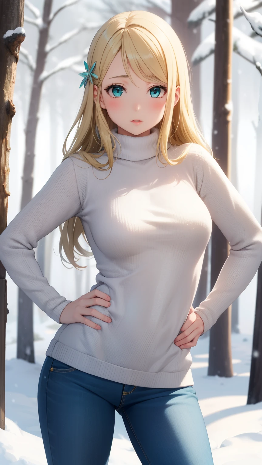 masterpiece, best quality, highly detailed, ultra high res, ayase arisa, 1girl, solo, hair ornament, long blonde hair, glossy lips, medium breasts, aqua eyes, snowy forest, knit sweater, jeans, hand on hip