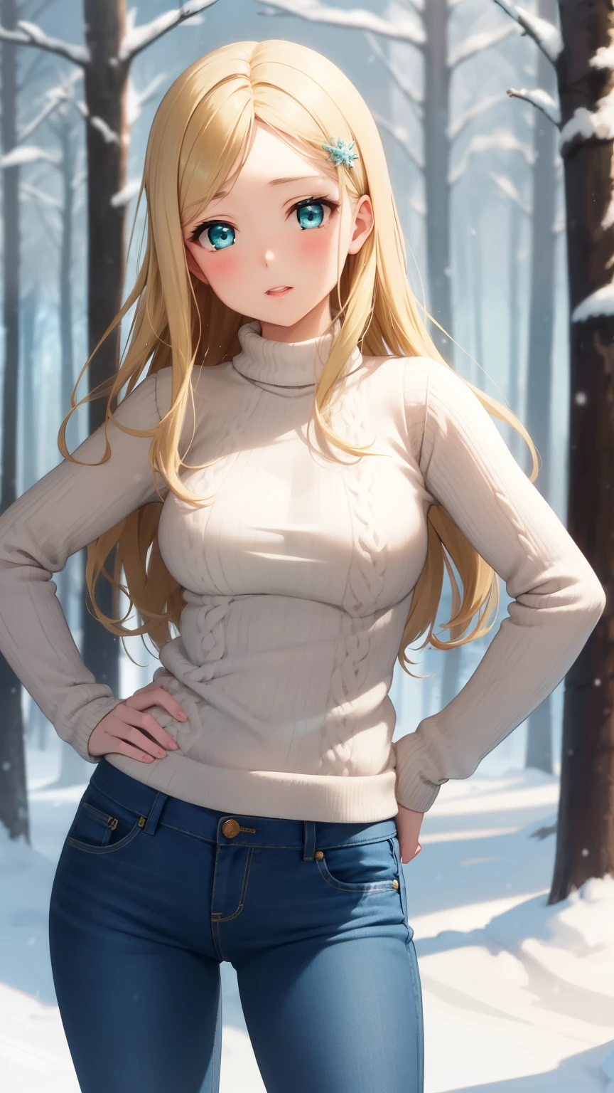 masterpiece, best quality, highly detailed, ultra high res, ayase arisa, 1girl, solo, hair ornament, long blonde hair, glossy lips, medium breasts, aqua eyes, snowy forest, knit sweater, jeans, hand on hip