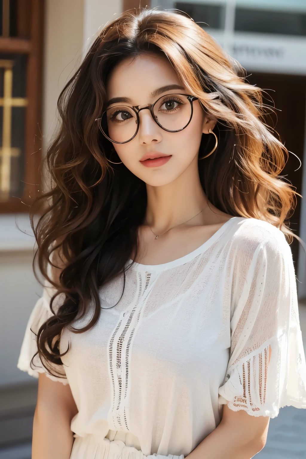 Woman with curly hair wearing glasses , cabelo volumoso , blusa roxa, cabelo longo