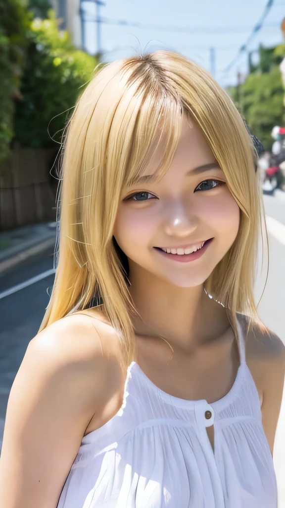 Japanese、18-year-old、Very slim、((Smiling))、Summer clothing、Blonde