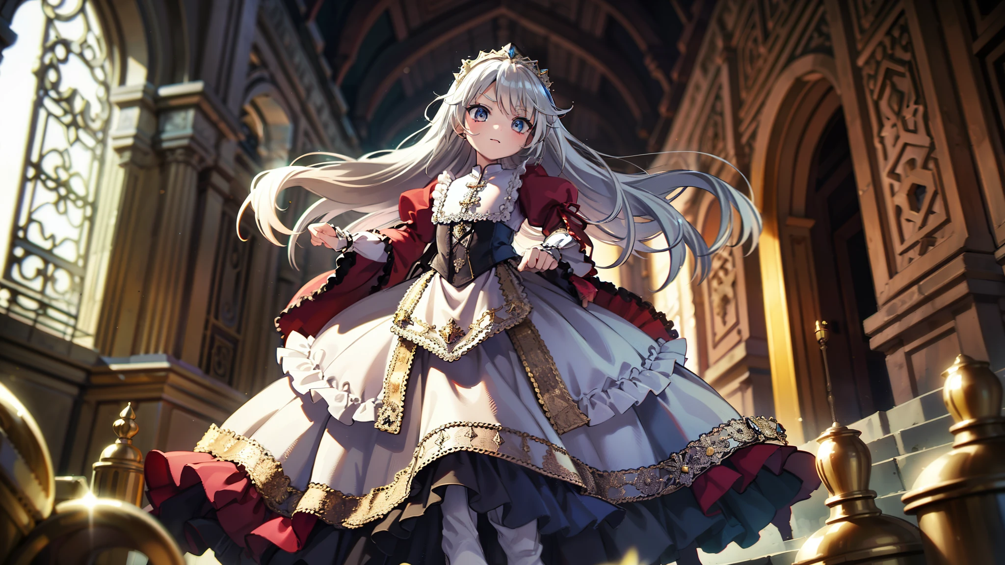 ８A cute old princess, Highest quality, highest quality, Face details, Mysterious, Red and white medieval gorgeous long dress, Gold and silver embroidery, Panniers, Full body drawing from head to toe, Silver Hair, Ancient City, Angle from below,skirt, White tights