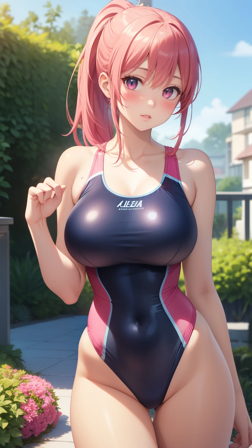 1girl, natural lighting, masterpiece, highly detailed, illustration, game CG, absurdres, high quality, aichan, large breasts, beautiful detailed eyes, medium bright pink hair, ponytail, bangs, glossy lips, blush, garden, one-piece swimsuit, modelling pose