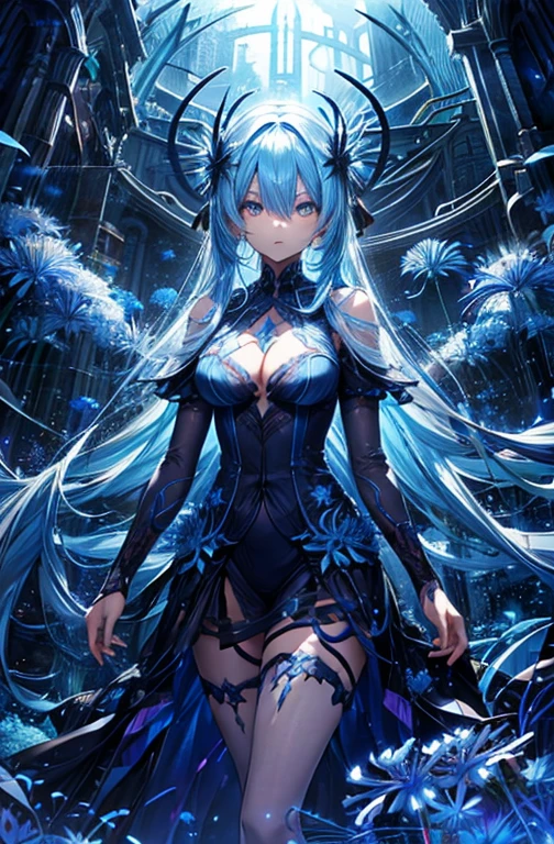 Blue spider lily, demon girl, big body, light blue hair, long hair, side-parted bangs