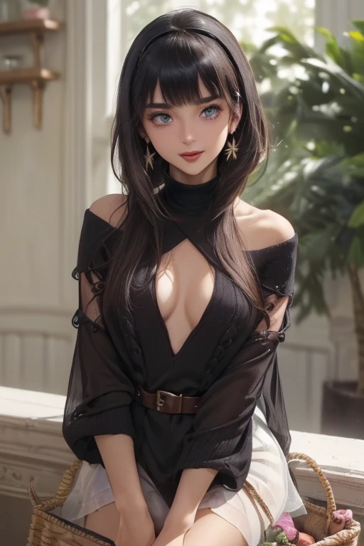 (perky chest:1.2), (pointed chest:1.2),(((Black Tunic:1.3))),(((cakes and bread in the basket),Cute and beautiful girl,Cute round face,Cute smile,with blush cheeks,Red Lip,solo, looking at viewer, open mouth, have a cute grass of cute beergrass,black hair, dark green eyes, dress, bare shoulders, jewelry, collarbone, sidelocks, hairband, earrings, indoors, off shoulder, sweater, arms behind back, plant, short hair with long locks, gild hairband, off-shoulder dress, sweater dress, off-shoulder sweater, black sweater, dark gord hair, big side hair, very long side hair,is rendered in (masterpiece: 1.2, best quality), with (ultra high resolution) and an exquisite (depth of field),(Bangs are see-through bangs),hair pin,hair adornments,detailed clothes features,Detailed hair features,detailed facial features,(Dynamic angles),(Dynamic and sexy poses),Cinematic Light,(masutepiece,top-quality,Ultra-high resolution) ,(The 8k quality,Anatomically accurate facial structure,),(Sea Art 2 Mode:1.3),(Image Mode Ultra HD) ,(Hold a coffee in your hand:1.3),delicate beautiful face, Bright blue eyes, cute eyes, sparkling eyes, Big eyes, (perky chest:1.1), (pointed chest:1.3), looking at viewer,