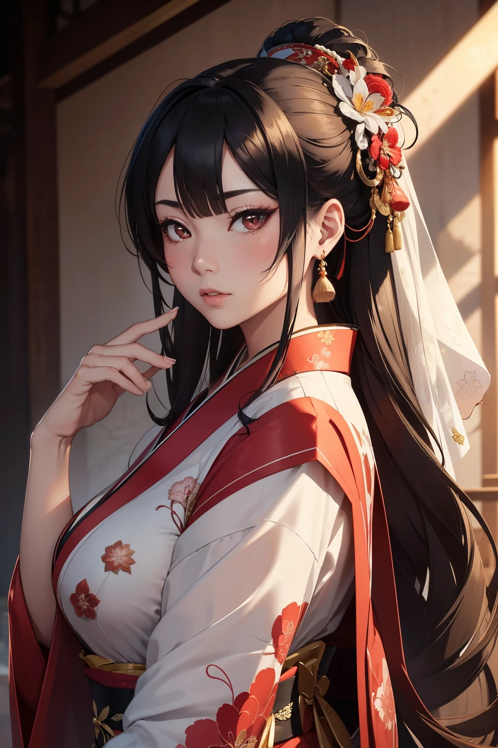 The Exquisite and Elegant Wedding Portrait of Mai Shiranui in Traditional Em Kimono:
A masterpiece of top-quality, Ultra-realistic 8KCG artwork, this image showcases the perfect female figure of Mai Shiranui adorned in an em kimono, embodying the very essence of a beautiful bride. Dramatic shadows, perfectly lit by a spotlight, create a captivating contrast against the detailed light that cascades across her slender body, accentuating the intricate patterns of the kimono.
With a couple of asymmetrical bangs framing her cold yet beautifully expressive eyes, Mai's exquis