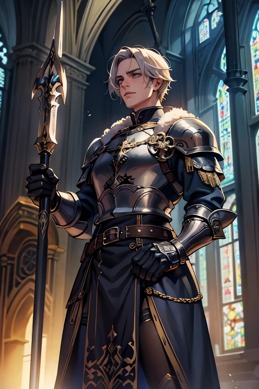 Um homem jovem e digno，(vestindo armadura pesada)，(Segurando a espada sagrada)，Fique no nevoeiro, (cabelo de cor preta)，(alunos negros)，Behind him was a huge and magnificent church,32k, melhor qualidade, obra de arte, super detalhe, Alto detalhe no estilo de dark souls