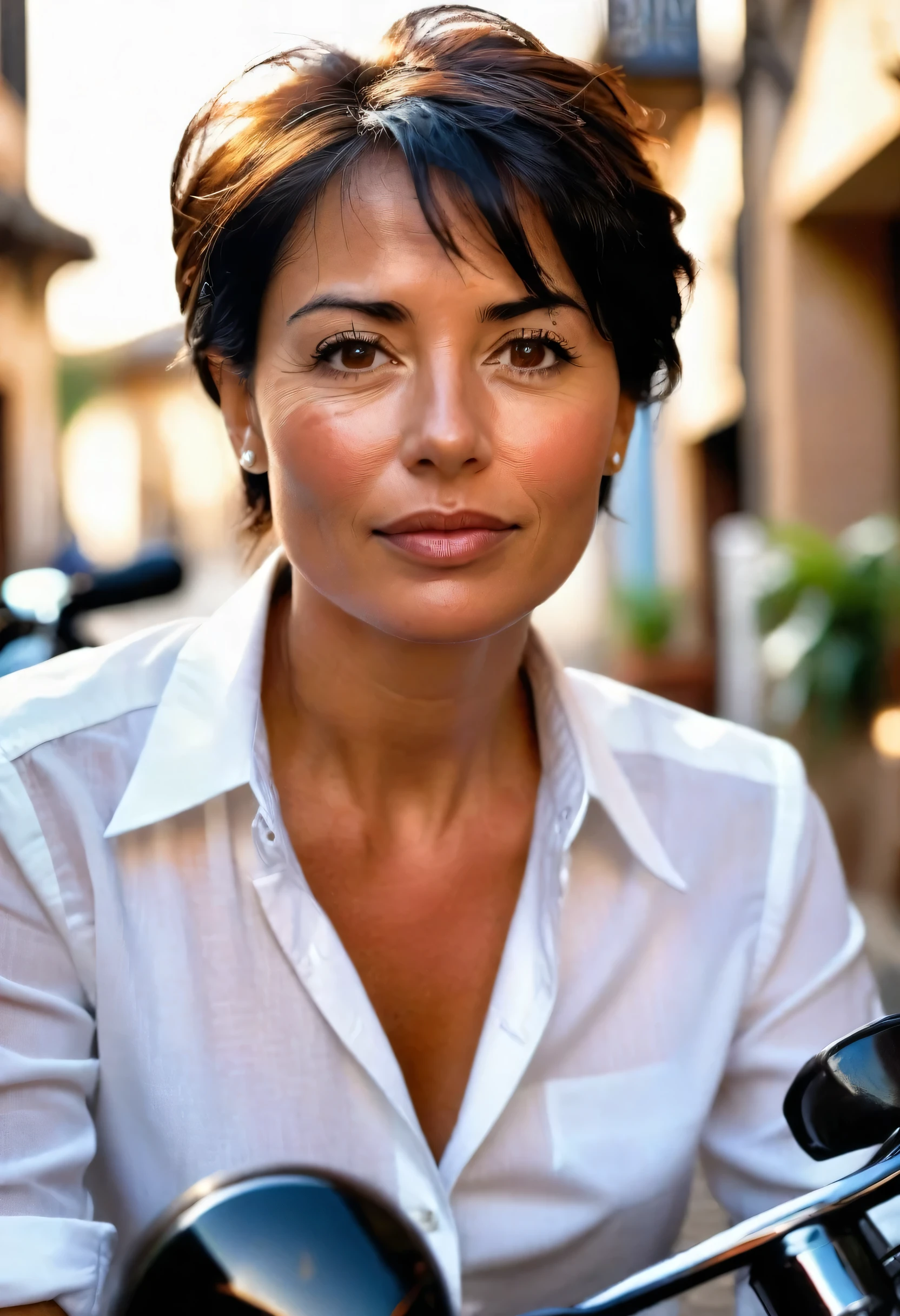 A detailed portrait, a 45 year old lady, round face, short black hair, with striking features. She has piercing brown eyes, a strong chin, and well-styled brown hair. She is wearing a crisp white shirt, with the top button unbuttoned, giving her a casual yet sophisticated look. This is on a large Ronda motorcycle. The lighting is soft and flattering, creating a warm and inviting atmosphere. The background is slightly blurred, keeping the focus on the captivating expression. Overall, the image exudes a sense of confidence and charm.