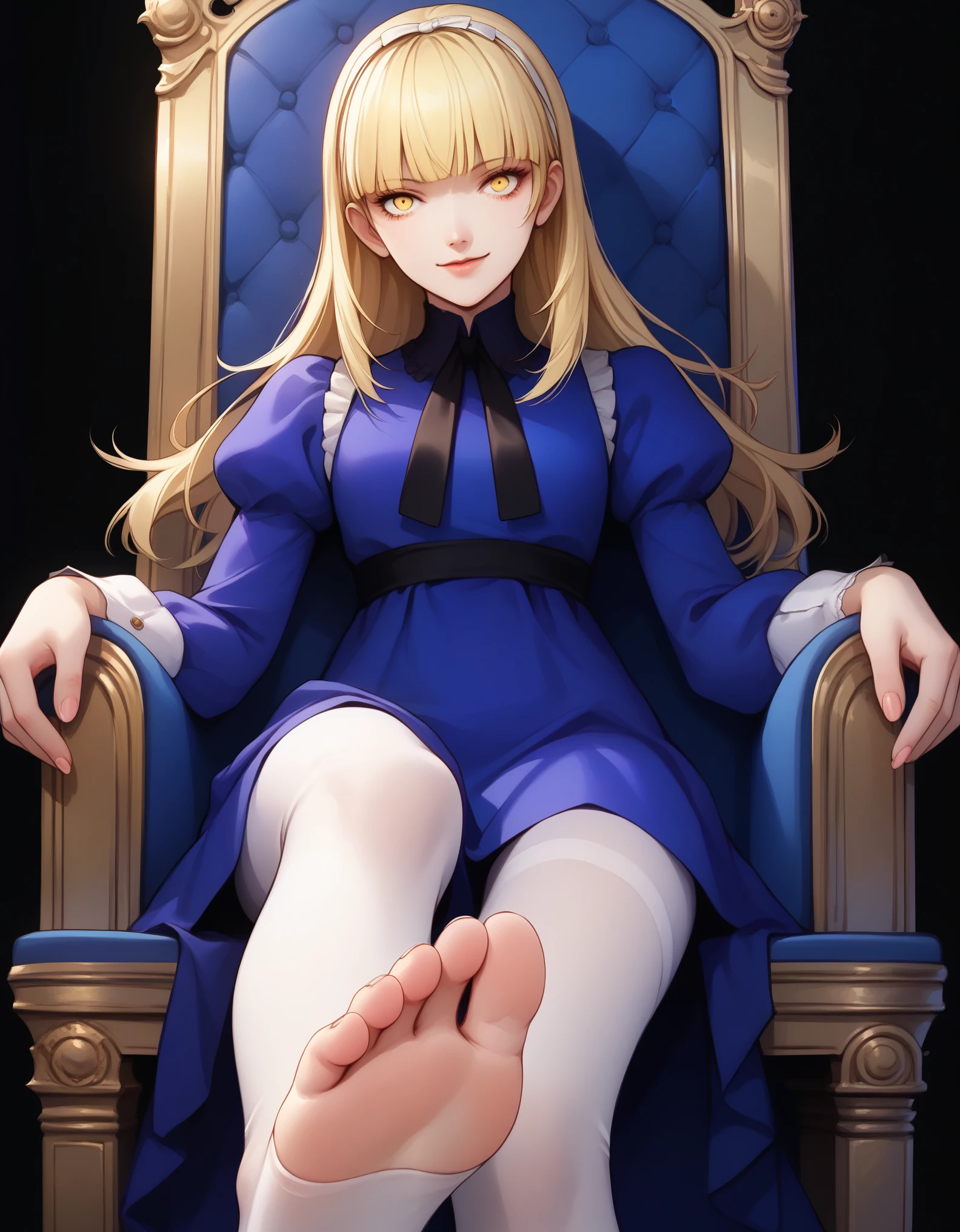 score_9, score_8_up, score_7_up, source_anime BREAK 1girl, solo, alicesmt, dress, long hair, blonde hair, white hairband, blunt bangs, puffy sleeves,dark blue dress, yellow eyes, smile, black background, leaning back, white leggings, close-up of foot, sitting on throne, feet,