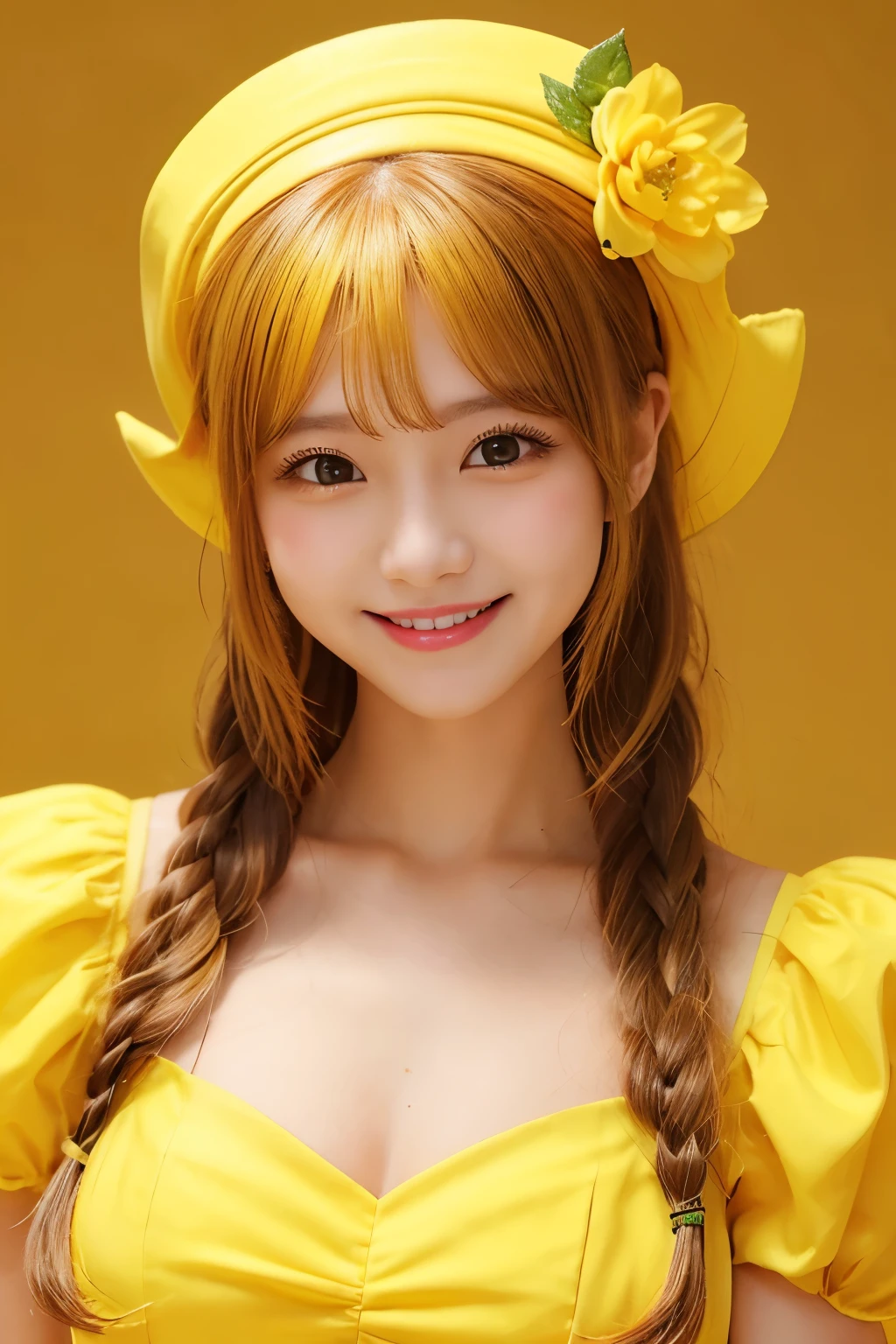 Yellow Background、Yellow Flower、Yellow Dress、Yellow hat hair accessory、Cherish the color yellow、Cute Girlfriend、smile、Well-formed face、A girl who looks good in yellow、Yellow Hair、Yellow all over、Fantasy、Big Breasts、Yellow decoration、Yellow decoration、Yellow Wall、