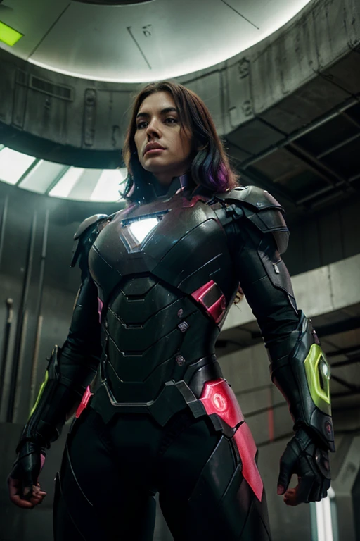 "A woman with futuristic iron man style armor in black and neon green with neon pink details. His toned, athletic build suggests his enormous strength. Ela parece estar passeando casualmente pela movimentada paisagem urbana de Gotham City, while imposing buildings rise overhead. Smoke and clouds swirl around you, enhancing the sense of epic scale and drama. The lighting is dark, sombrio, e realista, creating a tense and threatening atmosphere. The perspective is from below, enfatizando a majestade e o poder da mulher."