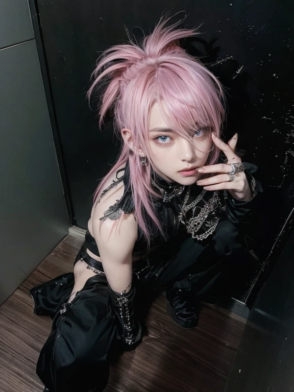 arafed boy con cabello Blanco sitting on a floor, con cabello blanco, 1 anime gothic boy, Cabello Largo y blanca puntiagudo, with index finger, Arte Barroco Visual Kei Decora, Cabello glam metal, punk doll, pelo harajuku, Ikuto Yamashita, Cabello Blanco y ojos blanco.