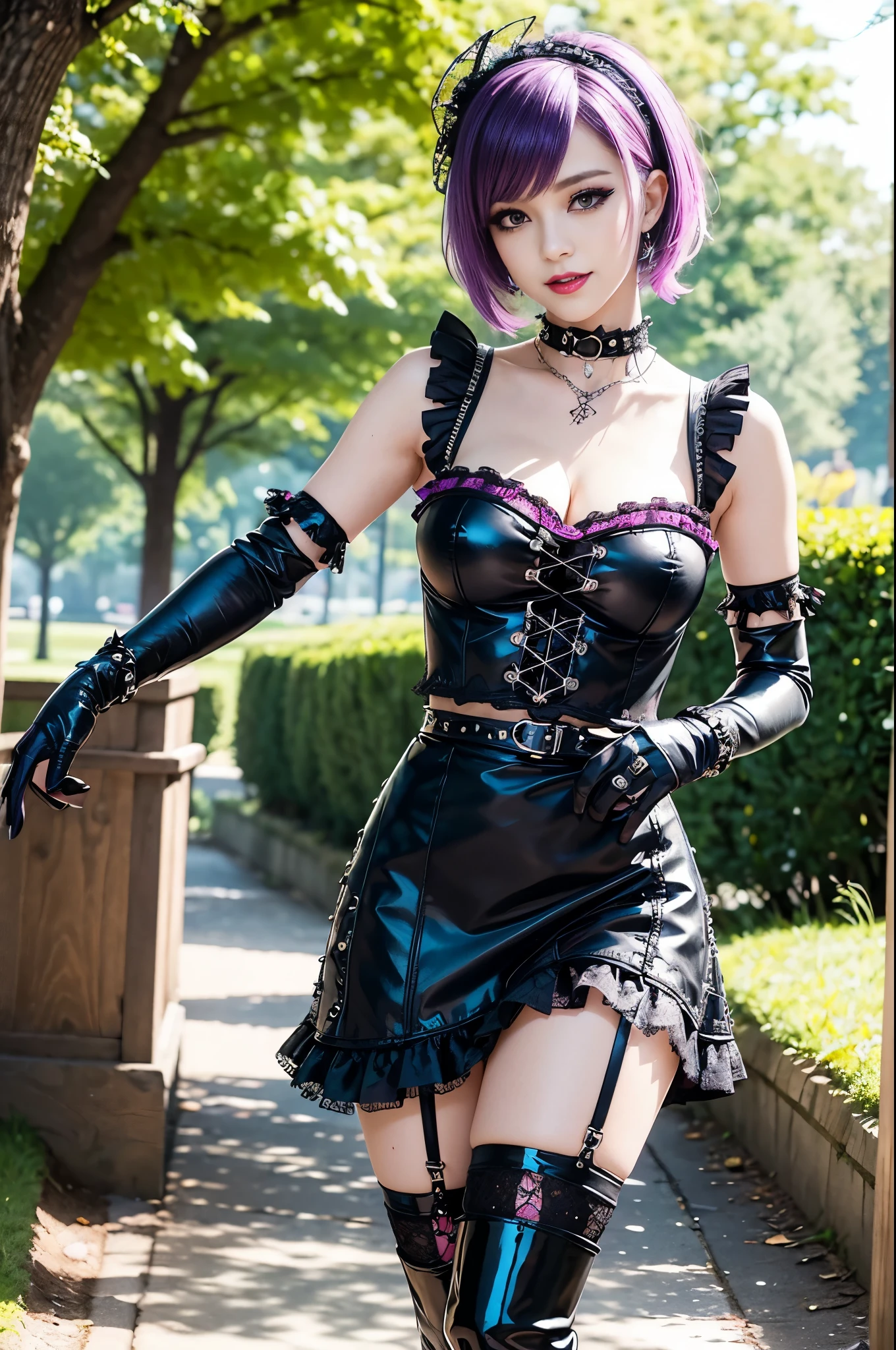 sexy stylish female model, only 1 female, ((doll-like appearance)), short purple stylish hair, ((shiny Punk-Style boots)), (big smile), ultra detailed eyes, Punk makeup, lipgloss, ((sexy Punk ta cosplay)), unconventional skirt, petticoats, high neckline, ((ultra detailed lace)), ((ultra detailed embroidery)), intricate details, tartan patterns, safety pins, Punk Loliccessoires, short black gloves, Punk Lolita cr, ((large sparkling Punk Lolita jewel, cinematic light, detailed large park background with trees