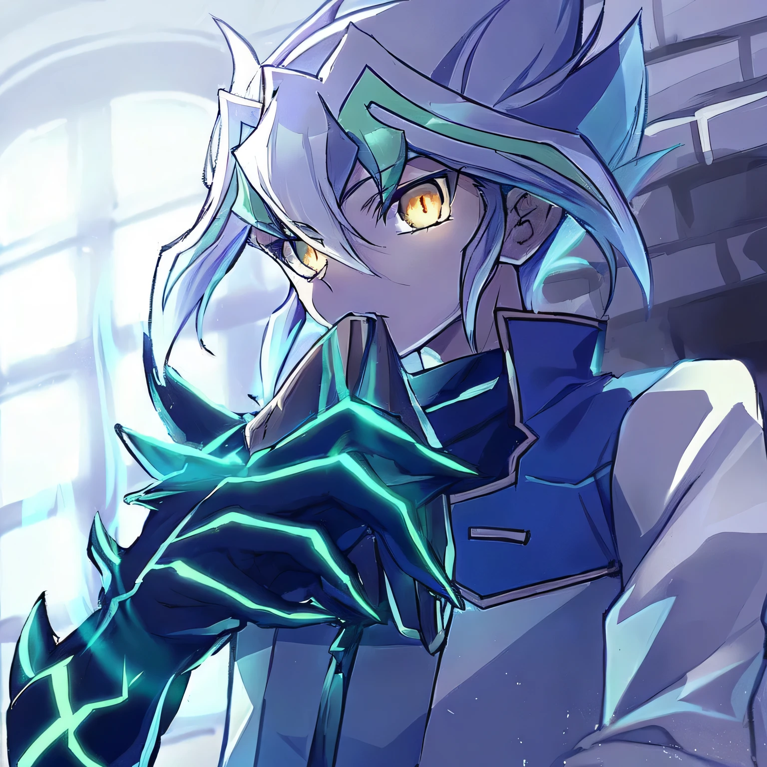 animado, una chico con cabello plateado con mechones verdes y un chaleco azul y una garra magica con un guante largo puesto, yugioh art style, obra de arte de yugioh, trigger animado artstyle, estilo yugioh, key animado art, detailed key animado art, with the index finger, yugioh, este personaje tiene criocinesis