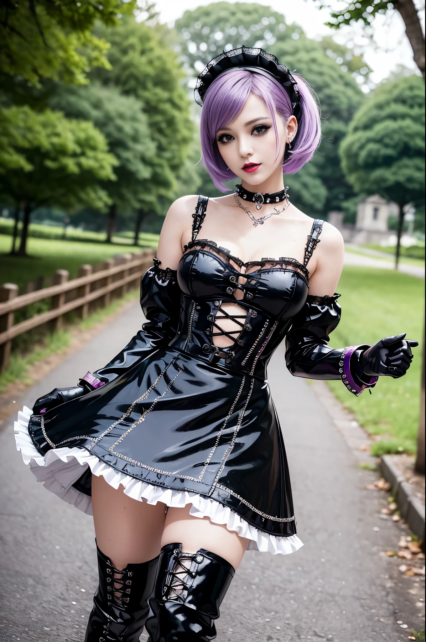 sexy stylish female model, only 1 female, ((doll-like appearance)), short purple stylish hair, ((shiny Punk-Style boots)), (big smile), ultra detailed eyes, Punk makeup, lipgloss, ((sexy Punk Lolita cosplay)), unconventional skirt, petticoats, high neckline, ((ultra detailed lace)), ((ultra detailed embroidery)), intricate details, tartan patterns, safety pins, Punk Lolita accessoires, short black gloves, Punk Lolita choker, ((large sparkling Punk Lolita jewelry)), cinematic light, detailed large park background with trees 