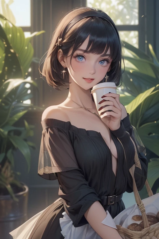 (perky chest:1.2), (pointed chest:1.2),(((Black Tunic:1.3))),(((cakes and bread in the basket),Cute and beautiful girl,Cute round face,Cute smile,with blush cheeks,Red Lip,solo, looking at viewer, open mouth, have a cute grass of cute beergrass,black hair, dark green eyes, dress, bare shoulders, jewelry, collarbone, sidelocks, hairband, earrings, indoors, off shoulder, sweater, arms behind back, plant, short hair with long locks, gild hairband, off-shoulder dress, sweater dress, off-shoulder sweater, black sweater, dark gord hair, big side hair, very long side hair,is rendered in (masterpiece: 1.2, best quality), with (ultra high resolution) and an exquisite (depth of field),(Bangs are see-through bangs),hair pin,hair adornments,detailed clothes features,Detailed hair features,detailed facial features,(Dynamic angles),(Dynamic and sexy poses),Cinematic Light,(masutepiece,top-quality,Ultra-high resolution) ,(The 8k quality,Anatomically accurate facial structure,),(Sea Art 2 Mode:1.3),(Image Mode Ultra HD) ,(Hold a coffee in your hand:1.3),delicate beautiful face, Bright blue eyes, cute eyes, sparkling eyes, Big eyes, (perky chest:1.1), (pointed chest:1.3), looking at viewer,