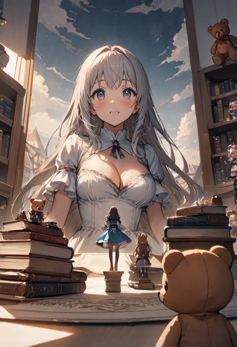 (minigirl on a table standing up below the breasts and face of a giantess girl: 1.3), (minigirl standing rear end on a table looking up at a giantess: 1.1) closeup breasts and face, (from below view: 1.2), (medium sized breasts), cleavage, (indoors: 1.1), (2girls: 1.5), (height difference: 1.9), (size difference: 1.3), (cute adult woman: 1.3), (cute girl with girly dress frills: 1.1), (fantasy set in medieval era: 1.1), cute dress, books, teddy bear, toys, weapons, robe, light, (long distance photo: 1.1), (foreshortening table: 1.1), bent over, (long distance: 1.2), (far away: 1.2)