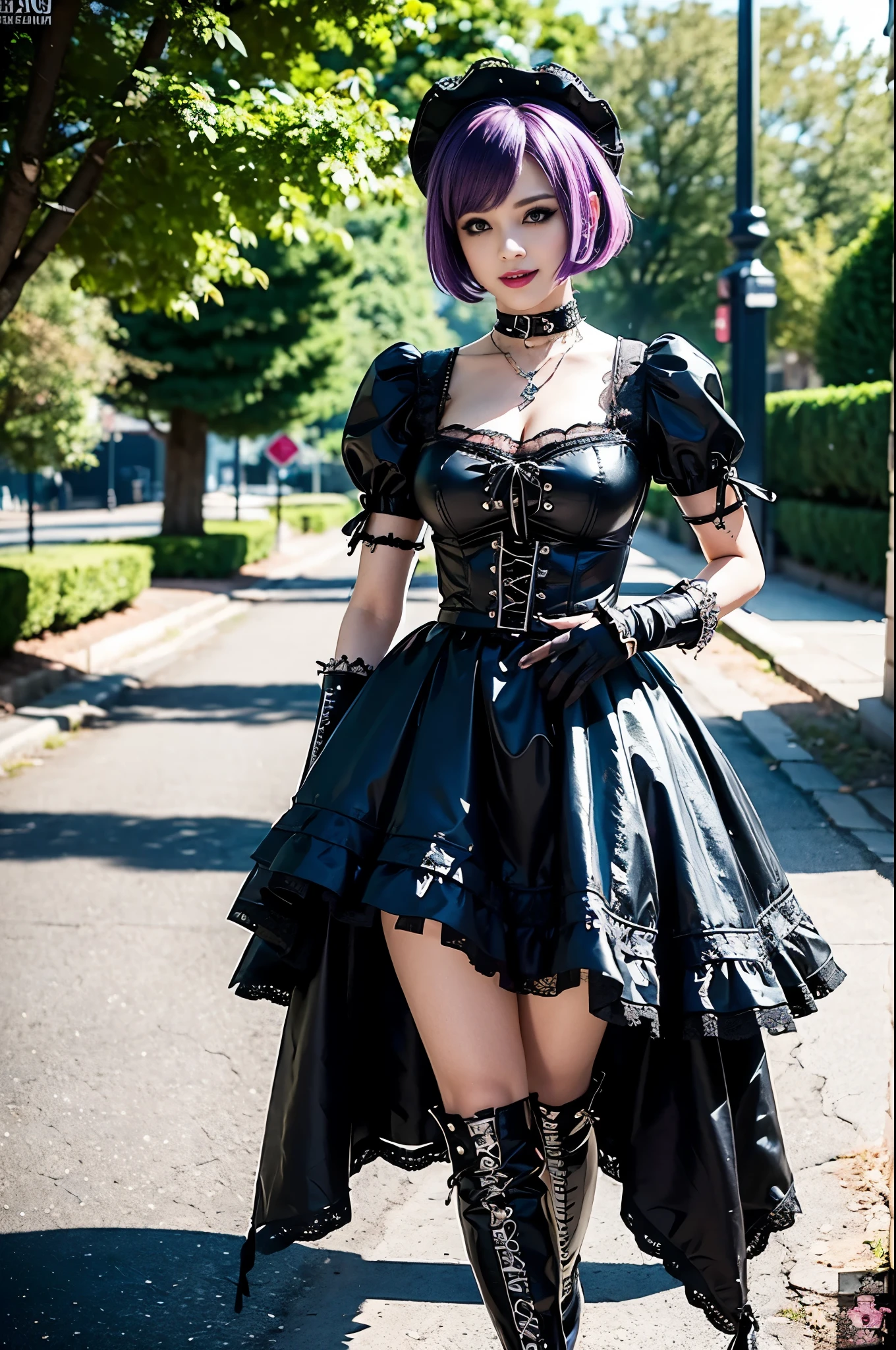 sexy stylish female model, only 1 female, ((doll-like appearance)), short purple stylish hair, ((shiny Punk-Style boots)), (big smile), ultra detailed eyes, Punk makeup, lipgloss, ((sexy Punk ta cosplay)), unconventional skirt, petticoats, high neckline, ((ultra detailed lace)), ((ultra detailed embroidery)), intricate details, tartan patterns, safety pins, Punk Loliccessoires, short black gloves, Punk Lolita cr, ((large sparkling Punk Lolita jewel, cinematic light, detailed large park background with trees
