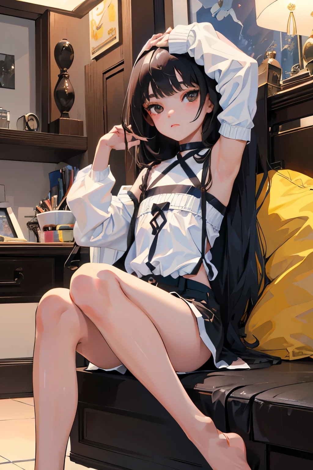 (),highest quality,Beautiful face in every detail,cute,Dark brown eyes,(背の低いcute女の子,Smallg student,Yoicate girl),(masterpiece,Top quality),Black Hair,Sleepy expression,Sleeveless,(White shorts),Crouching