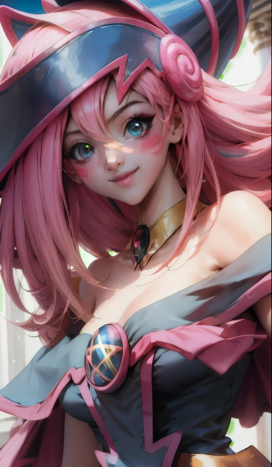 Crear el hermoso rostro de dark magician gils. Ojos azules. Labios rosados. Tez blanca. Cabello rubio. Tender girl smile.  Dark magician gils 