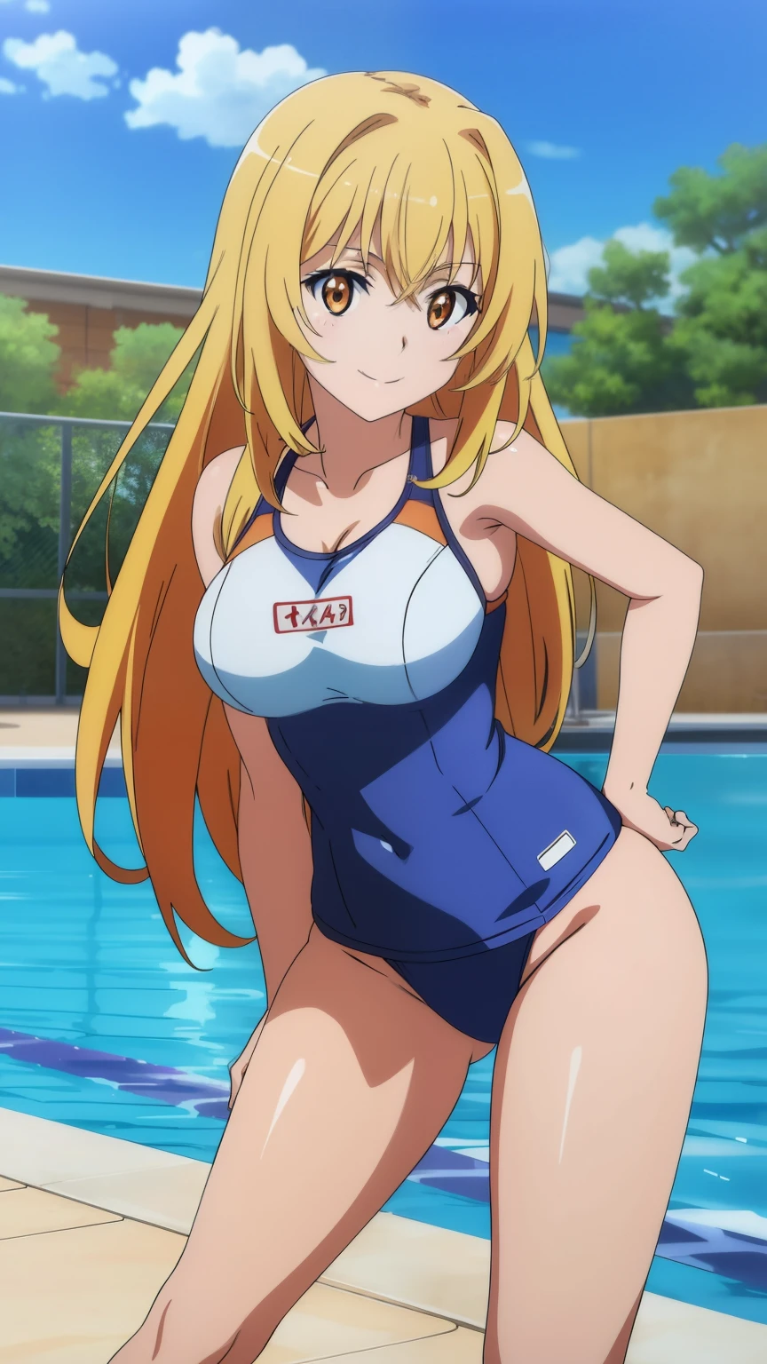 (highest quality, High resolution, 8k, masterpiece: 1.2), Very detailed, Anime art style, Misaki Shokuhou, orange eyes,Beautiful character design, Perfect eyes, Perfect face, Expressive eyes, Perfect balance, smile, blonde, Long Hair, Large midchest, (highleg swimsuit, pool), looking at the camera, Dynamic pose, Dynamic Angle, The gaze camera focuses on the center of the image,