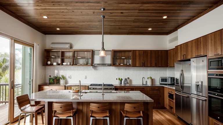 Integrated living and dining rooms and kitchen with 2.40 ceiling height.
The floor is covered in vinyl imitating cedar wood.
The kitchen is 16 square meters and it’s linear with the support of an island with cooktop and brushed stainless steel ceiling mounted hood. It serves as a bench for high Japanese-style wooden stools.
The countertop is made of white Itaúnas granite.
The carpentry goes to the ceiling with cabinets in red cedarwood and doors with wicker finish.
The backsplash is covered with textured satin tiles and it’s located in the washing area, which has a farmhouse style sink in brushed stainless steel.
The fridge is an inverse model in stainless steel.
The oven and microwave are made of stainless steel and are built into the bottom of the island.
On the side wall there are shelves for spice racks and hanging kokedamas.
The environment receives natural lighting, in addition to artificial lighting, which is neutral and diffuse.

