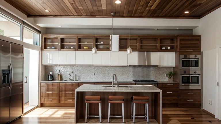 Integrated living and dining rooms and kitchen with 2.40 ceiling height.
The floor is covered in vinyl imitating cedar wood.
The kitchen is 16 square meters and it’s linear with the support of an island with cooktop and brushed stainless steel ceiling mounted hood. It serves as a bench for high Japanese-style wooden stools.
The countertop is made of white Itaúnas granite.
The carpentry goes to the ceiling with cabinets in red cedarwood and doors with wicker finish.
The backsplash is covered with textured satin tiles and it’s located in the washing area, which has a farmhouse style sink in brushed stainless steel.
The fridge is an inverse model in stainless steel.
The oven and microwave are made of stainless steel and are built into the bottom of the island.
On the side wall there are shelves for spice racks and hanging kokedamas.
The environment receives natural lighting, in addition to artificial lighting, which is neutral and diffuse.

