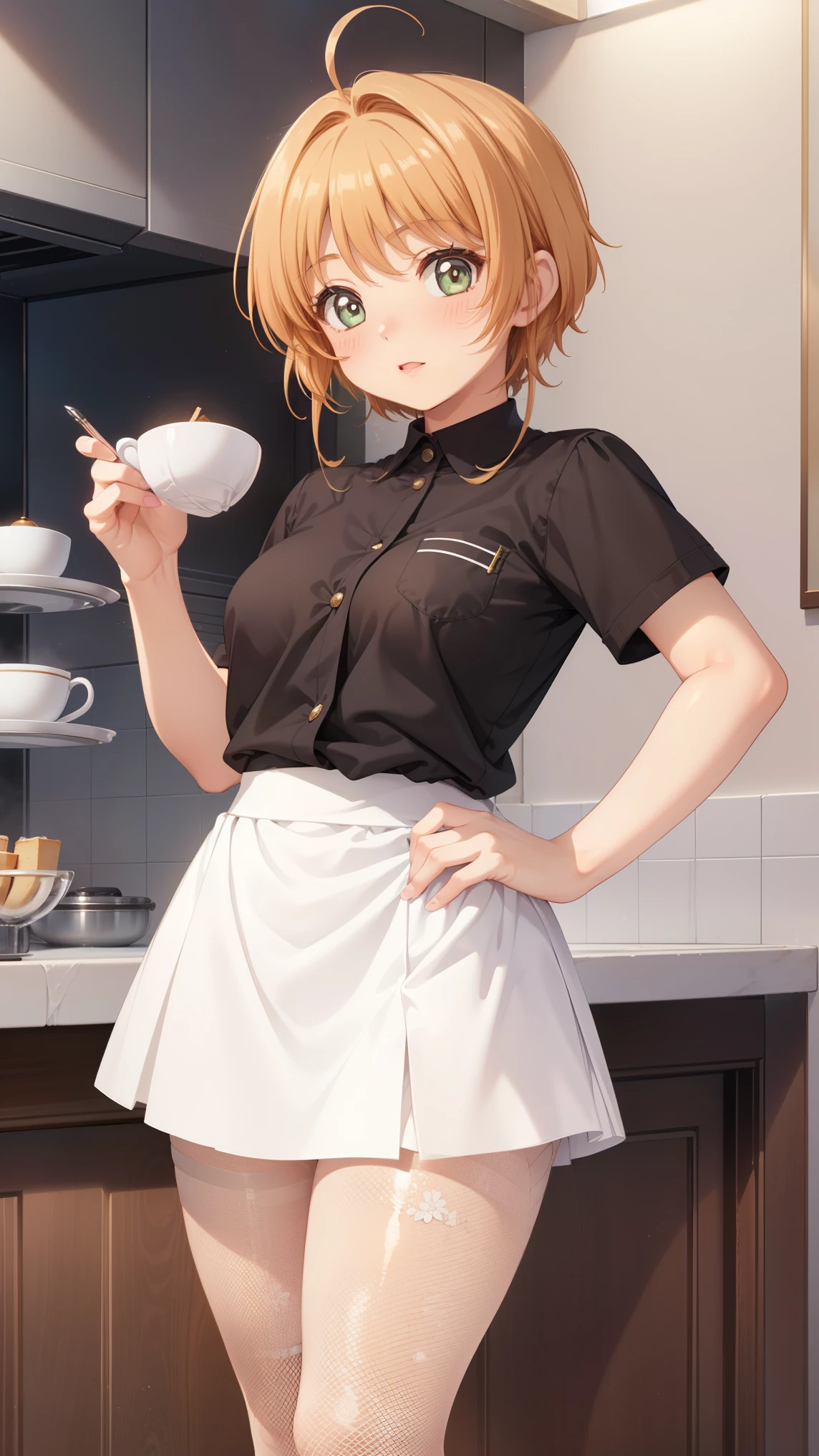 masterpiece, best quality, highres, 1girl, detailed face, blush, anime CG style, (medium breasts), (18 year old girl:1.3), (aged up), good lighting, perfect body, sakura kinomoto, glossy lips, miniskirt, (white fishnet tights), (curvy), cafe, waitress