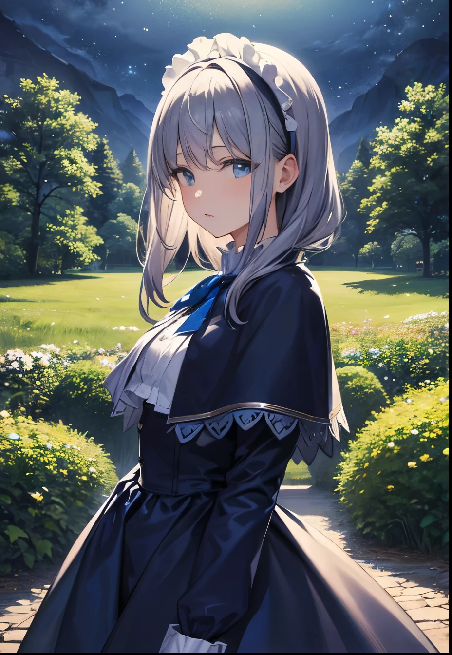 masterpiece, highest quality, Marianne_Time Skip, Blue clothes, Capelet, Dark alpine forest, Are standing, night, look up, Upper Body, Detailed face