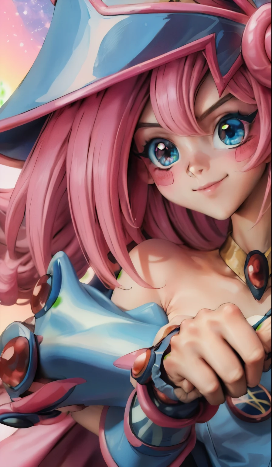 Crear el hermoso rostro de dark magician gils. Ojos azules. Labios rosados. Tez blanca. Cabello rubio. Tender girl smile. Dark magician gils